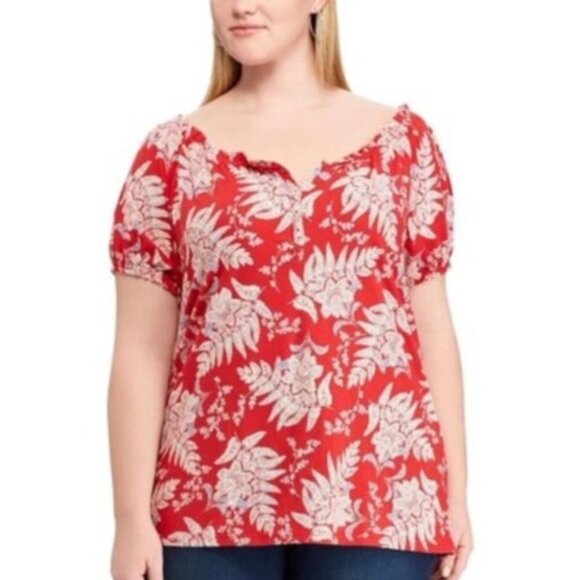 Chaps Womens Red Floral Off Shoulder Short Sleeve Button Top Plus Sz 1X New - Picture 1 of 9